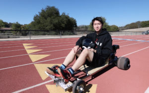 Victor Zhang '22 tests his Go Kart at Webb's Faculty Field and Rogers Track